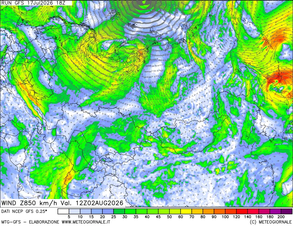 mappa 850 hPa Vento forza e direzione