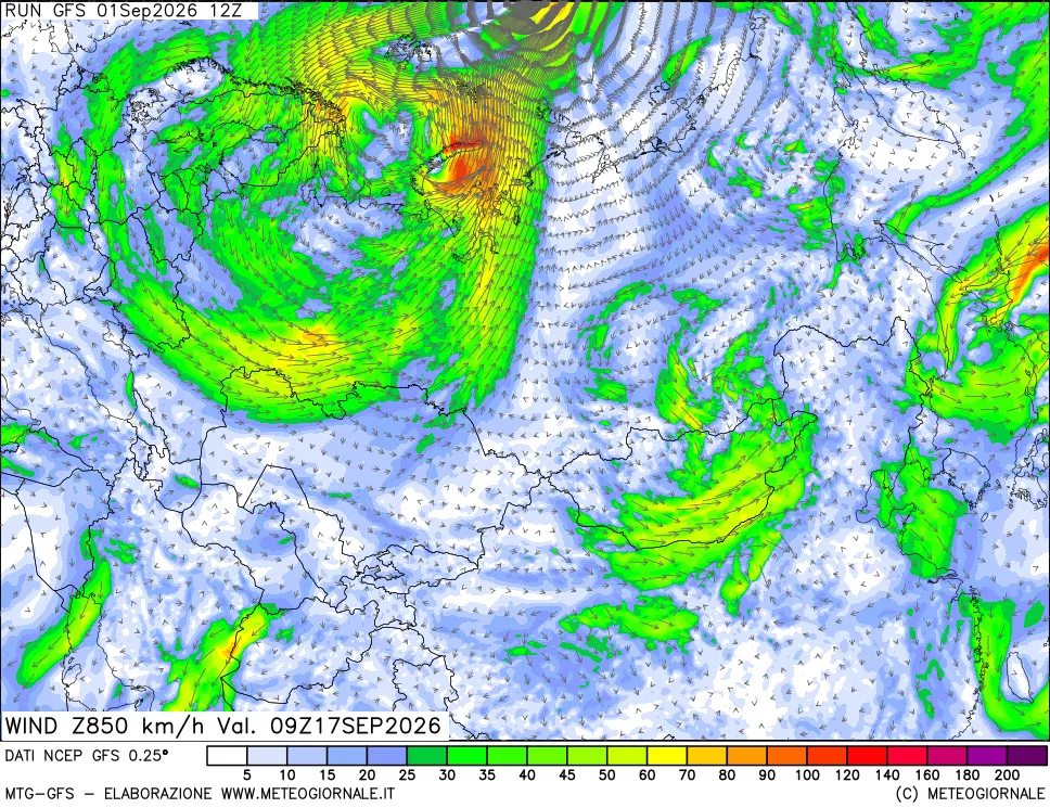 mappa 850 hPa Vento forza e direzione