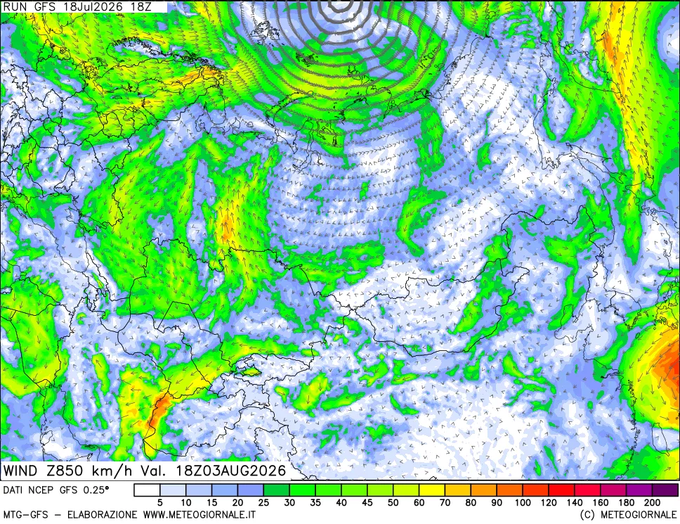 mappa 850 hPa Vento forza e direzione