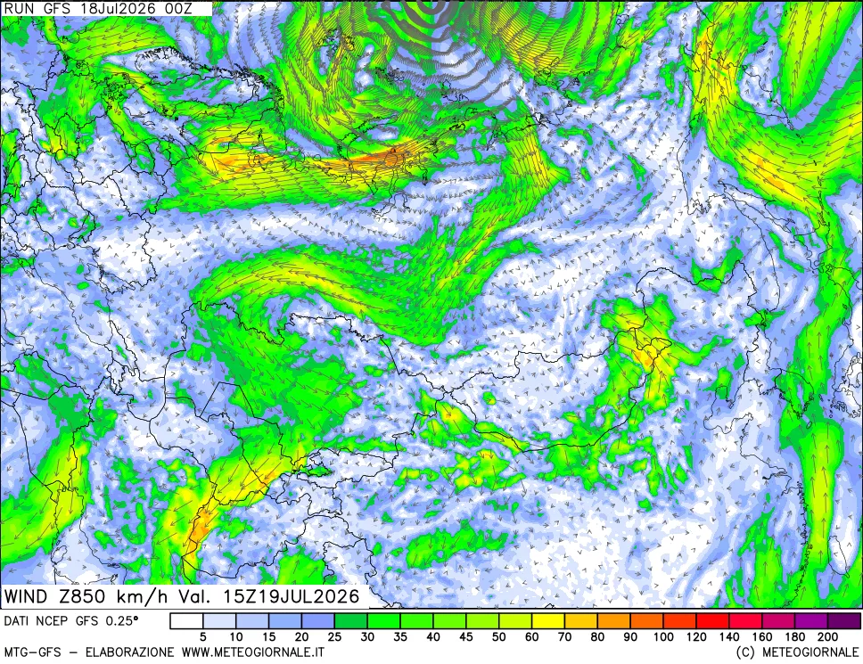 mappa 850 hPa Vento forza e direzione