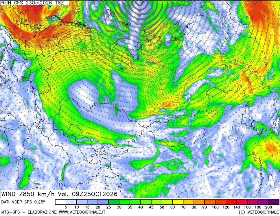 mappa 850 hPa Vento forza e direzione