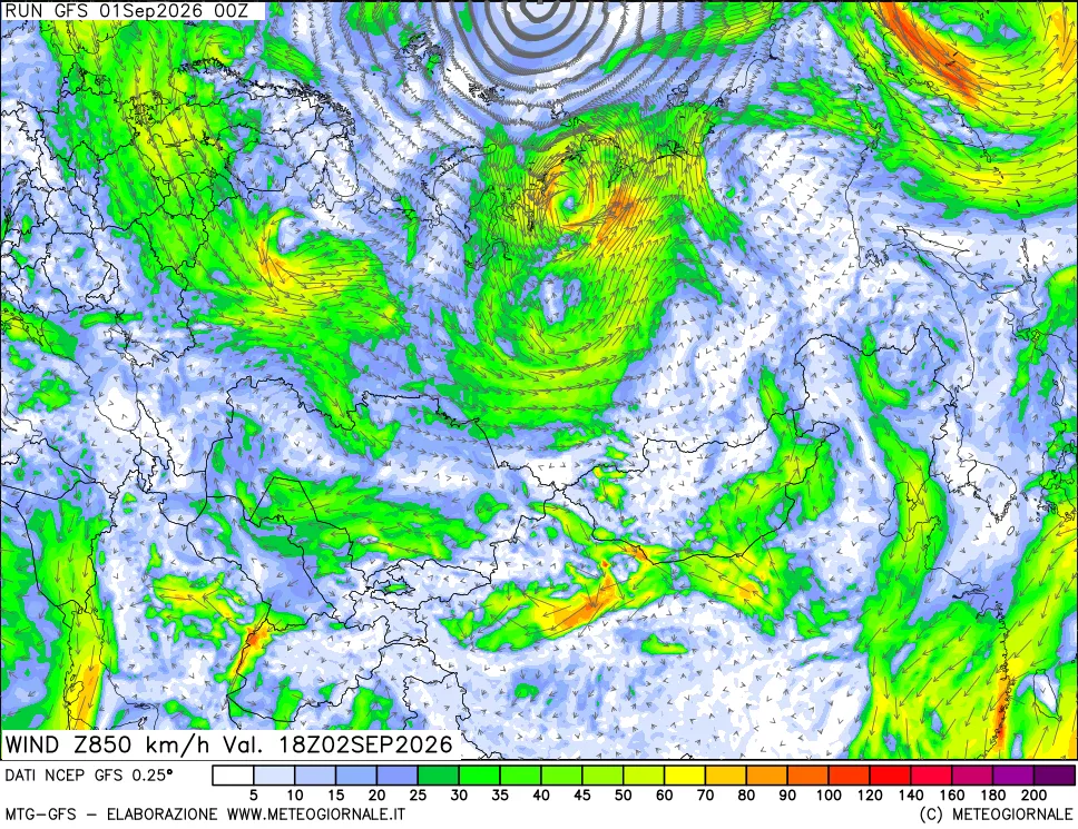 mappa 850 hPa Vento forza e direzione