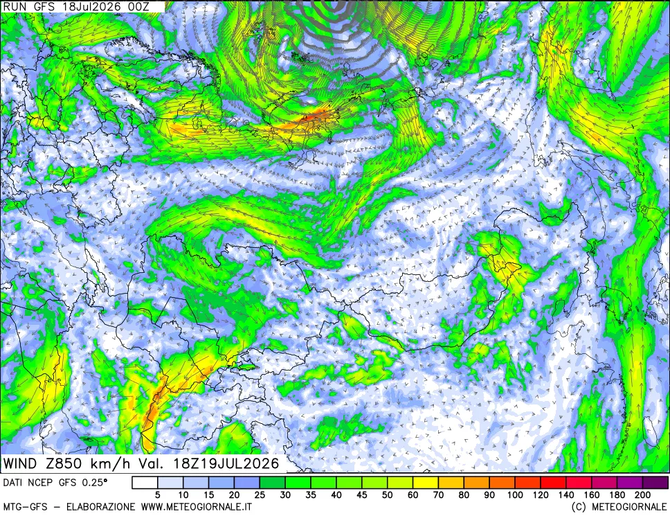 mappa 850 hPa Vento forza e direzione