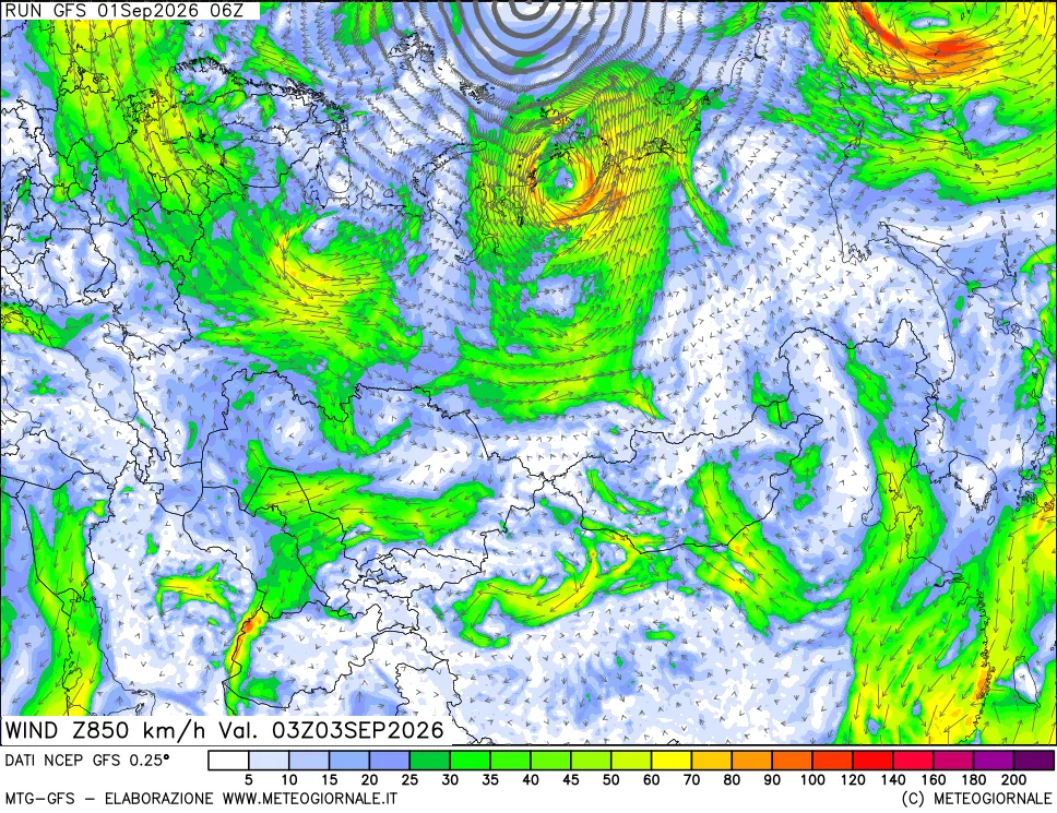 mappa 850 hPa Vento forza e direzione