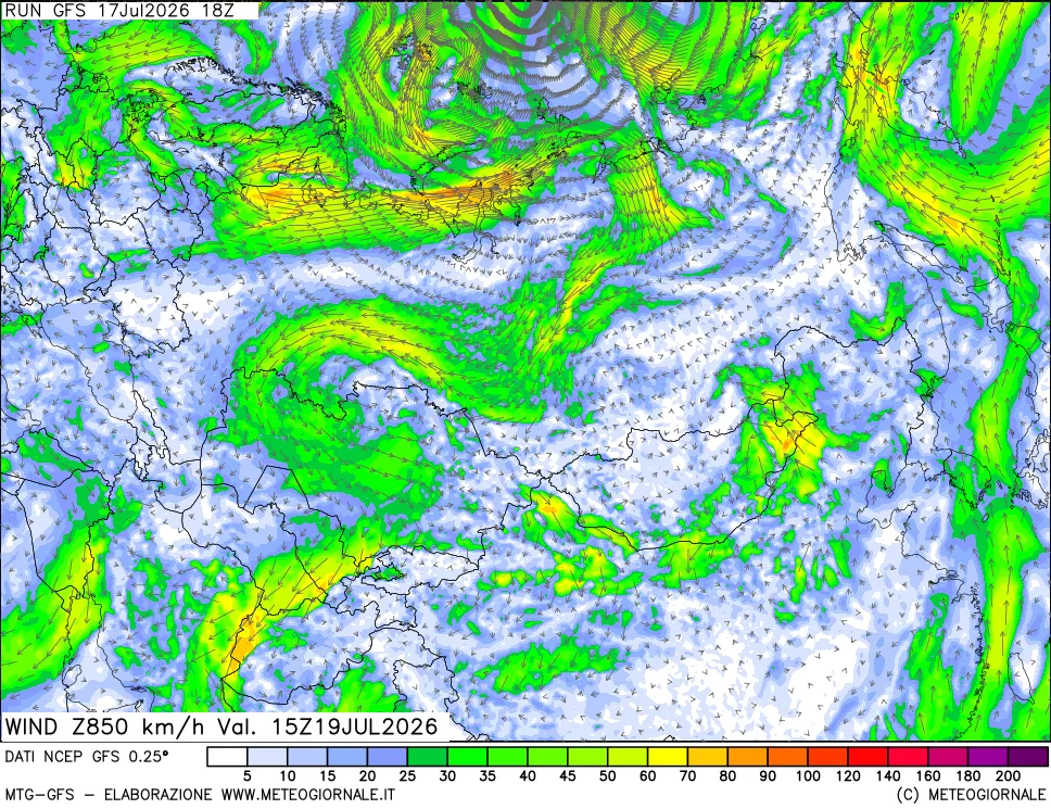 mappa 850 hPa Vento forza e direzione