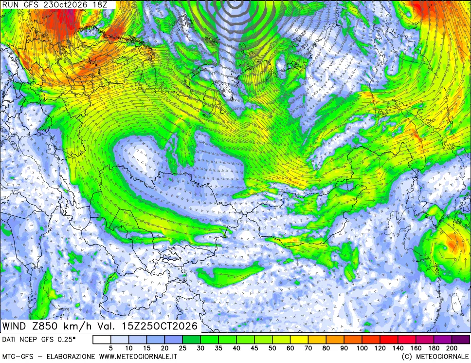 mappa 850 hPa Vento forza e direzione