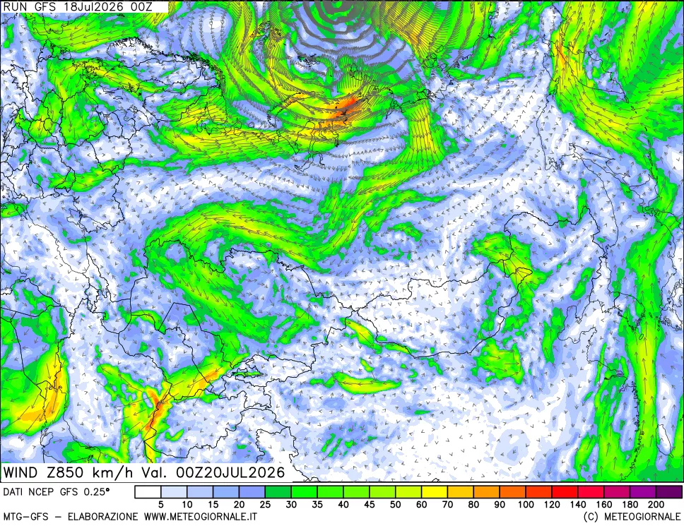 mappa 850 hPa Vento forza e direzione