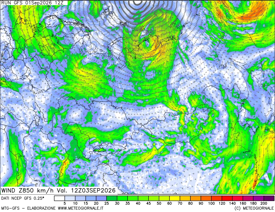 mappa 850 hPa Vento forza e direzione