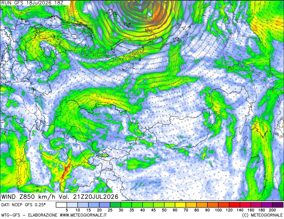 mappa 850 hPa Vento forza e direzione
