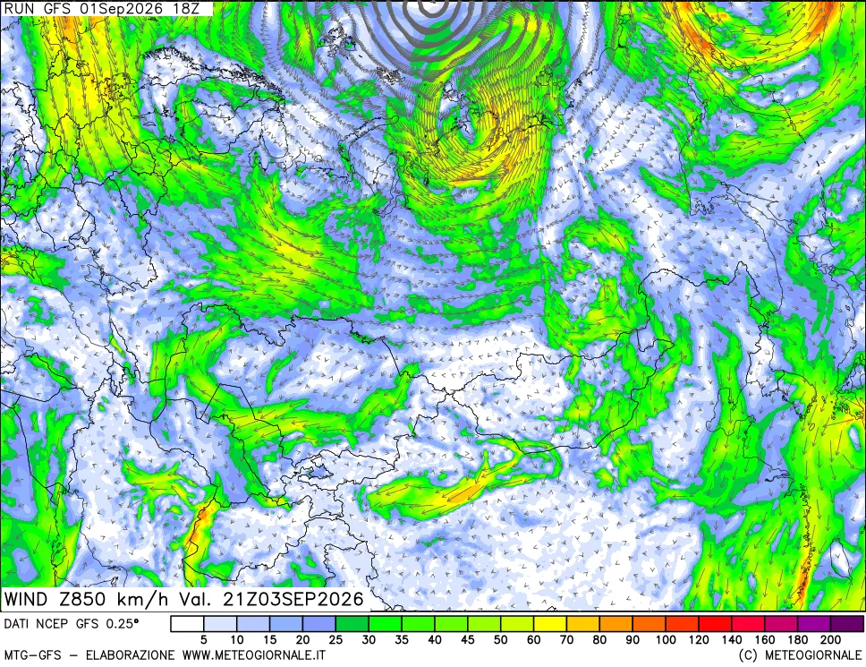 mappa 850 hPa Vento forza e direzione