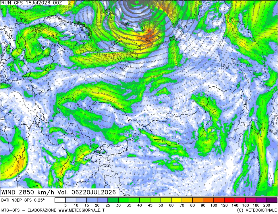 mappa 850 hPa Vento forza e direzione