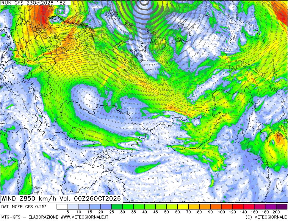 mappa 850 hPa Vento forza e direzione