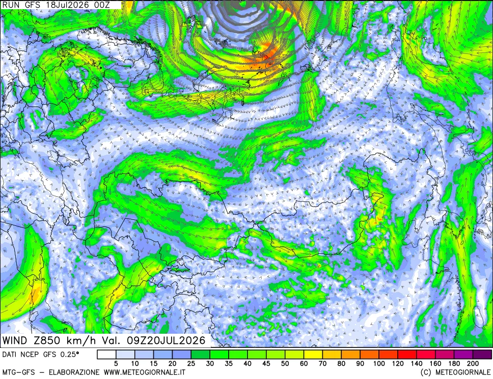 mappa 850 hPa Vento forza e direzione