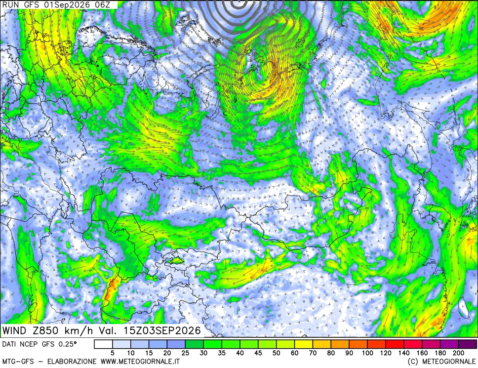 mappa 850 hPa Vento forza e direzione