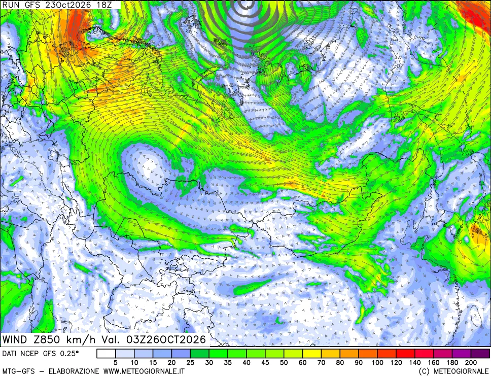 mappa 850 hPa Vento forza e direzione