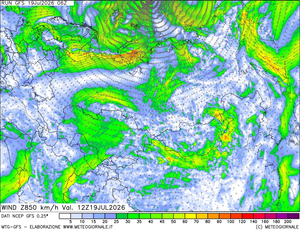 mappa 850 hPa Vento forza e direzione