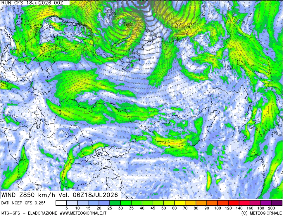 mappa 850 hPa Vento forza e direzione