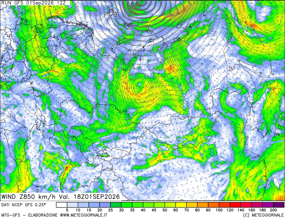 mappa 850 hPa Vento forza e direzione