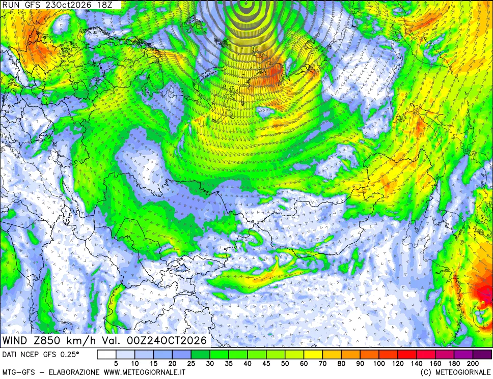 mappa 850 hPa Vento forza e direzione