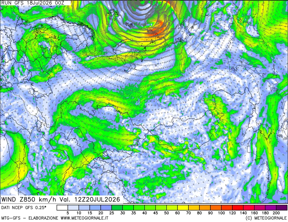 mappa 850 hPa Vento forza e direzione