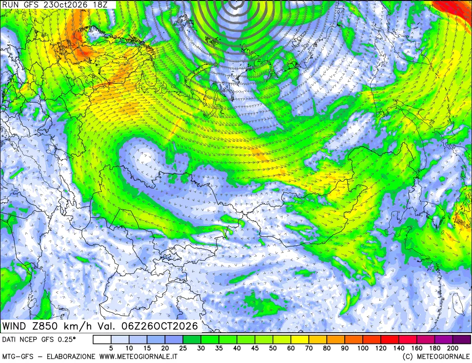 mappa 850 hPa Vento forza e direzione