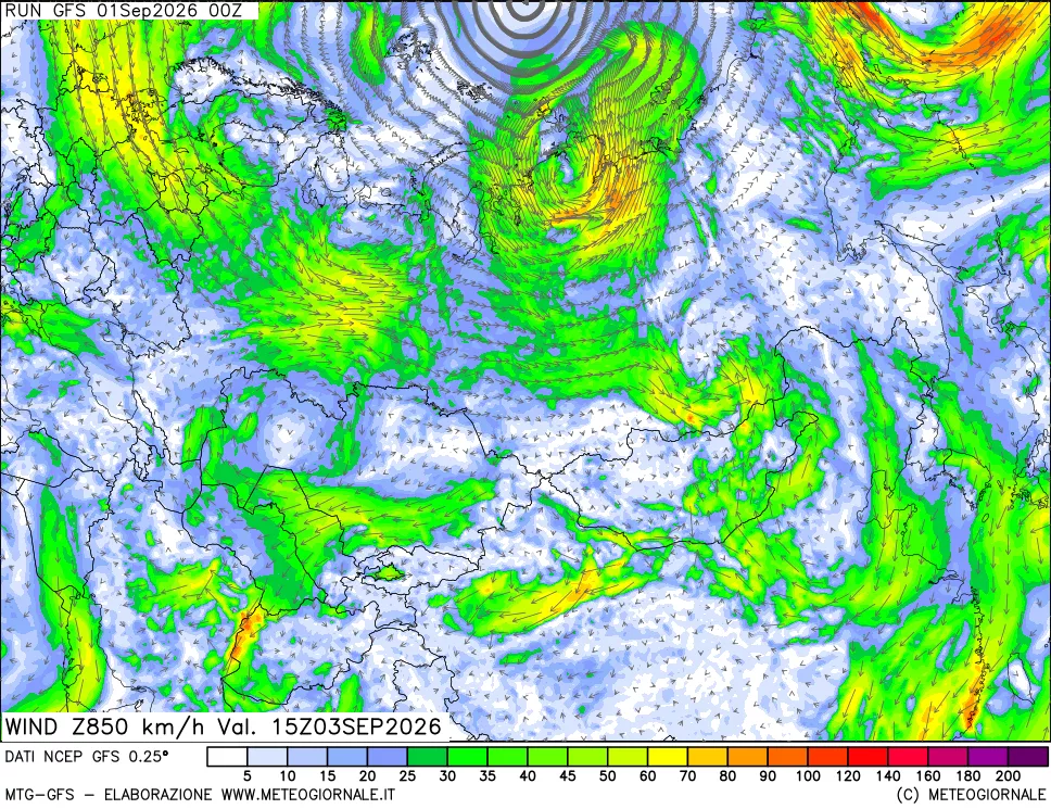 mappa 850 hPa Vento forza e direzione
