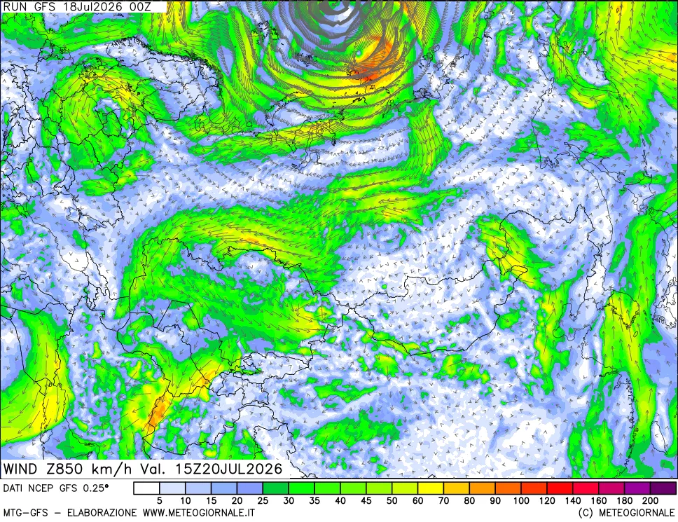 mappa 850 hPa Vento forza e direzione