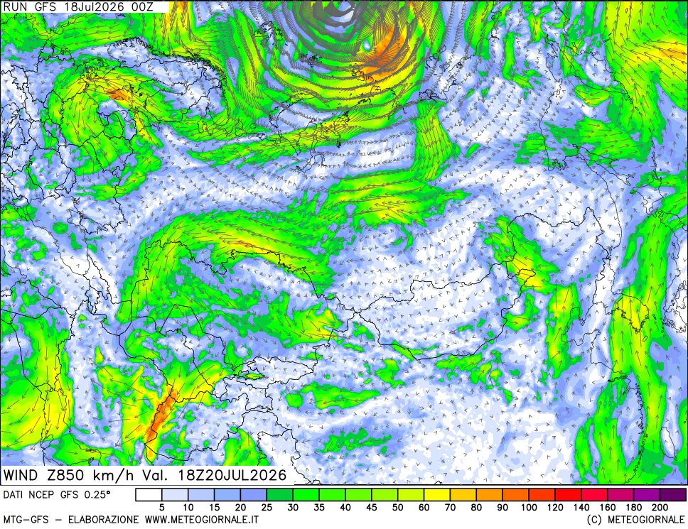 mappa 850 hPa Vento forza e direzione