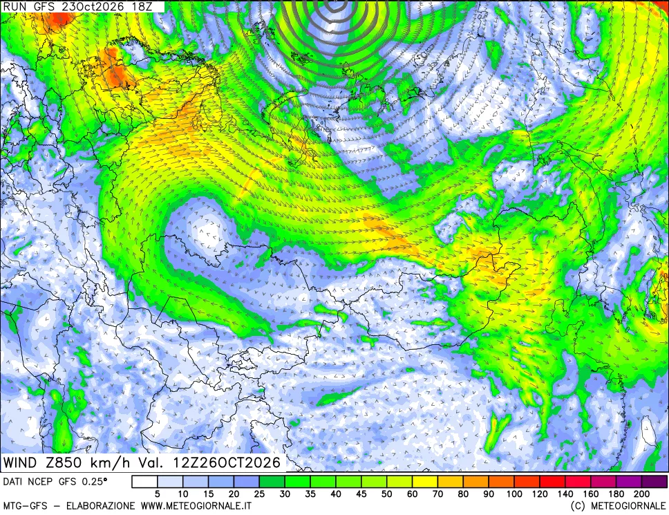 mappa 850 hPa Vento forza e direzione