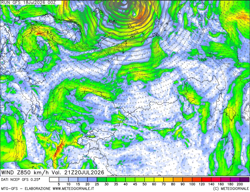 mappa 850 hPa Vento forza e direzione