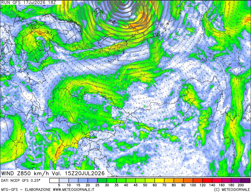 mappa 850 hPa Vento forza e direzione
