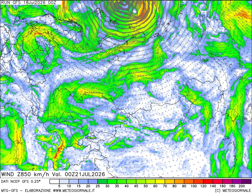 mappa 850 hPa Vento forza e direzione