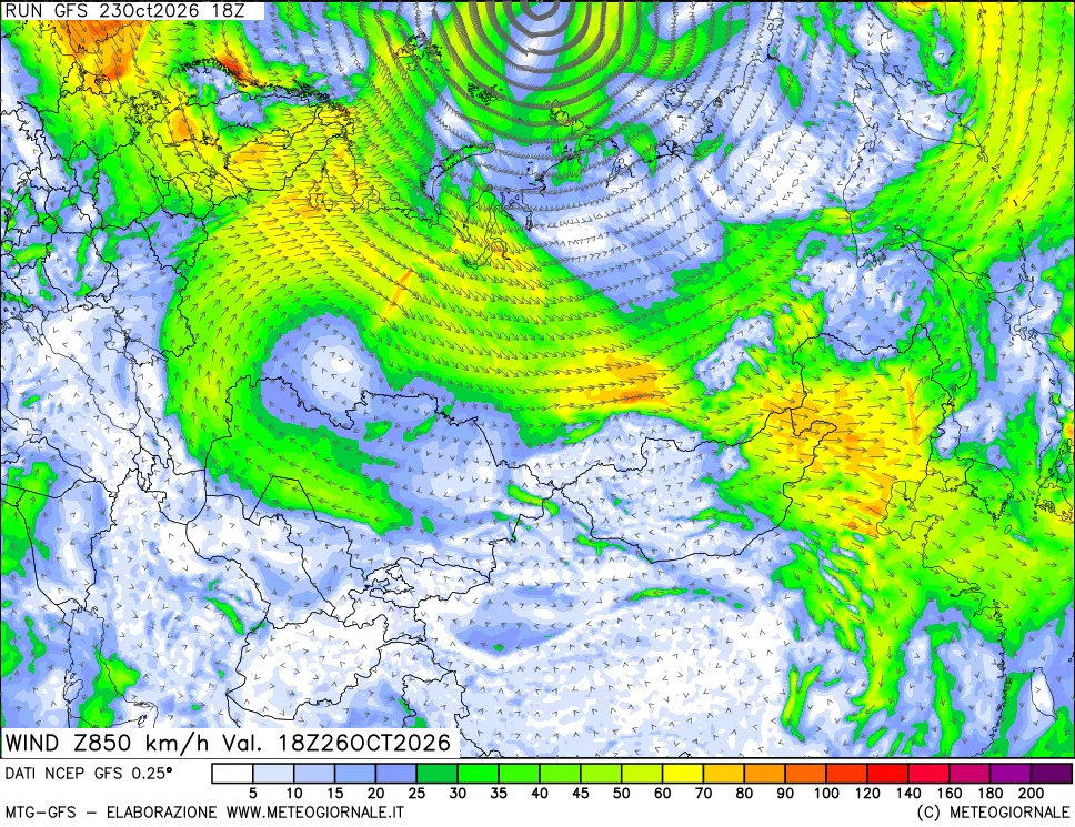 mappa 850 hPa Vento forza e direzione
