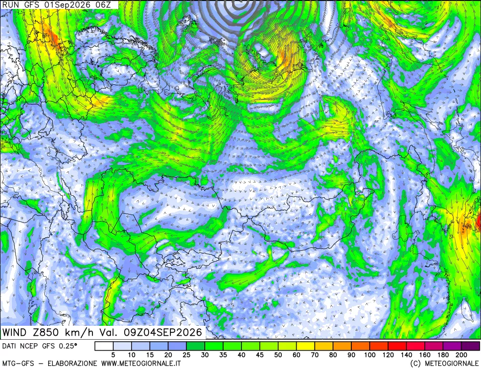 mappa 850 hPa Vento forza e direzione