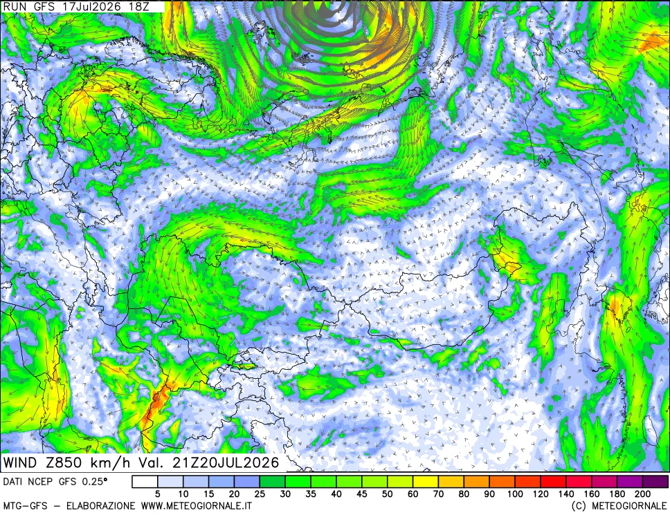 mappa 850 hPa Vento forza e direzione