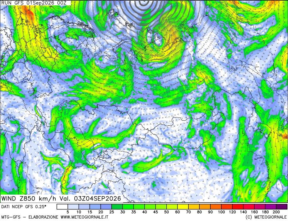 mappa 850 hPa Vento forza e direzione