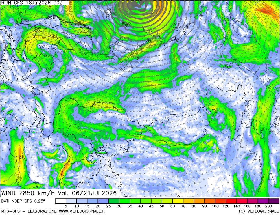 mappa 850 hPa Vento forza e direzione