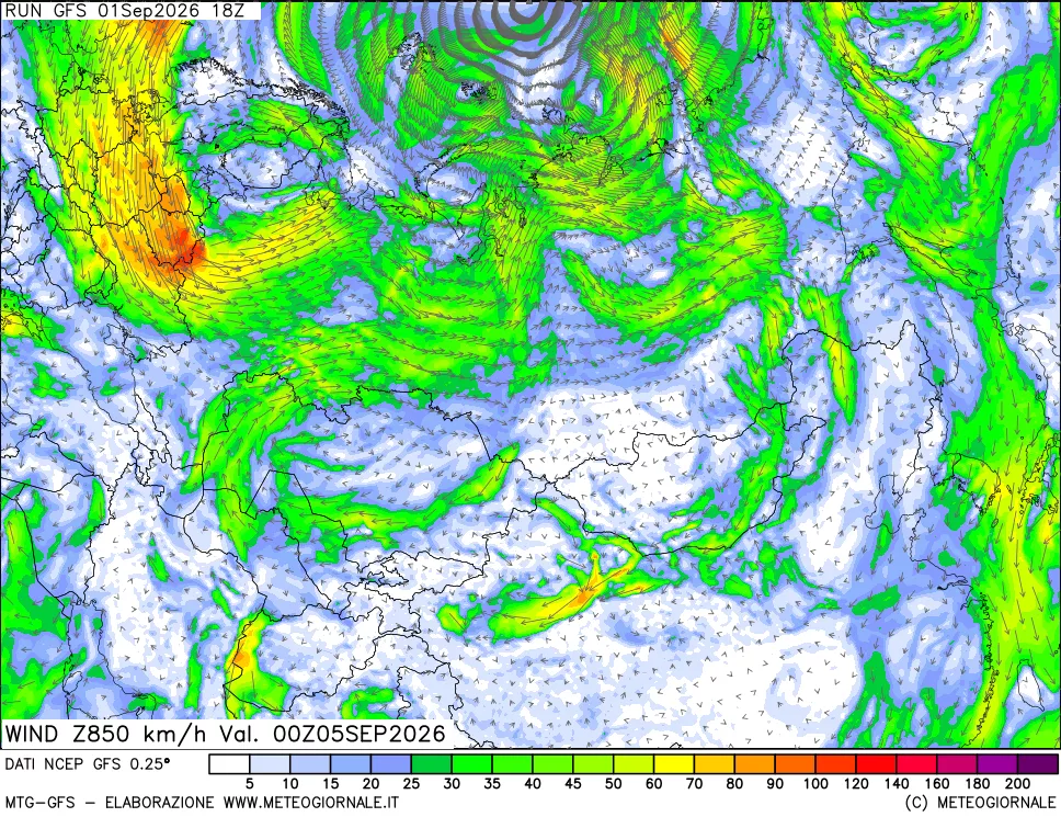 mappa 850 hPa Vento forza e direzione