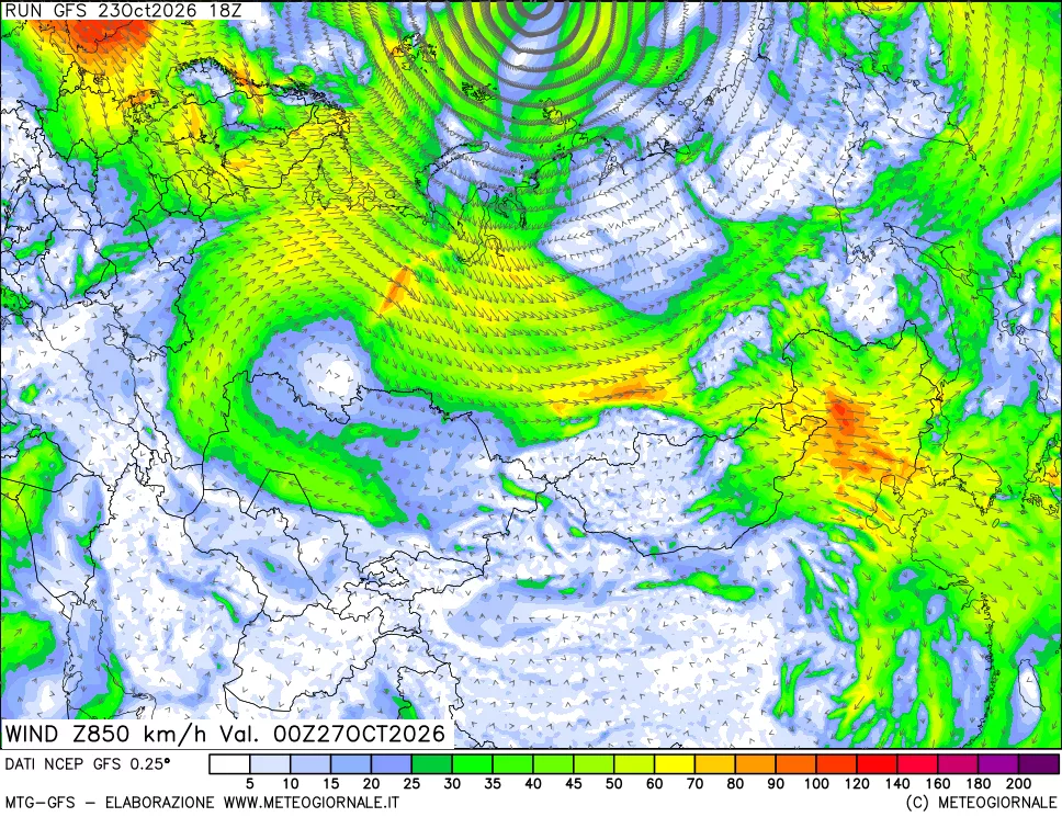 mappa 850 hPa Vento forza e direzione