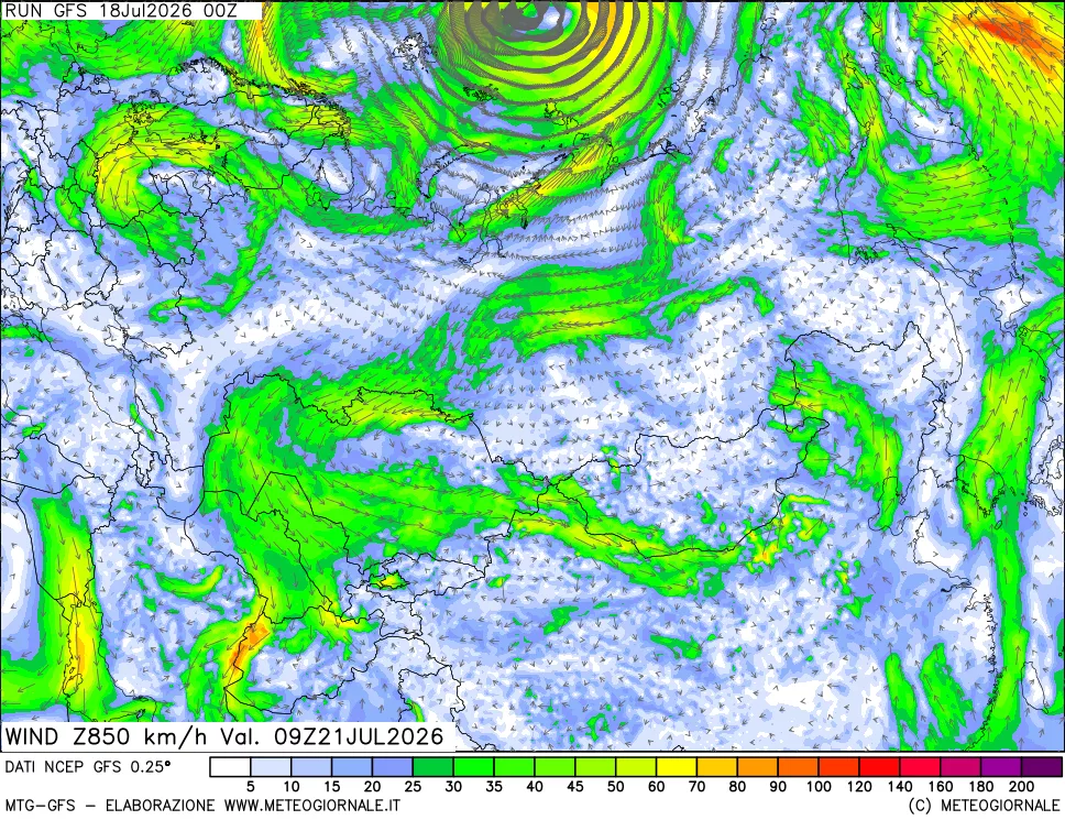 mappa 850 hPa Vento forza e direzione