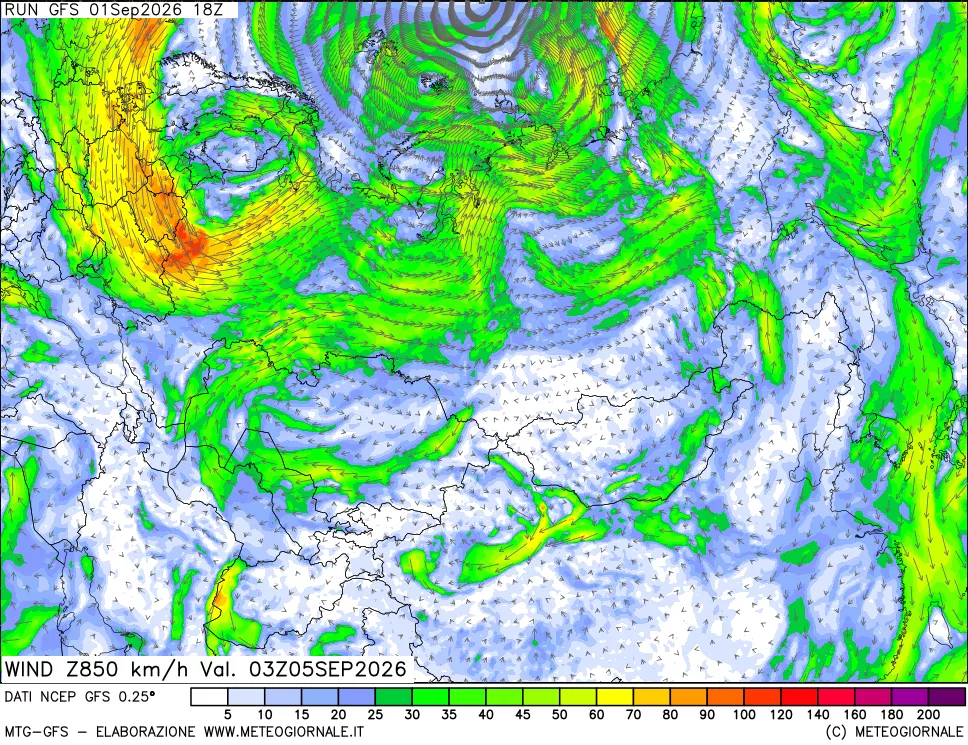 mappa 850 hPa Vento forza e direzione