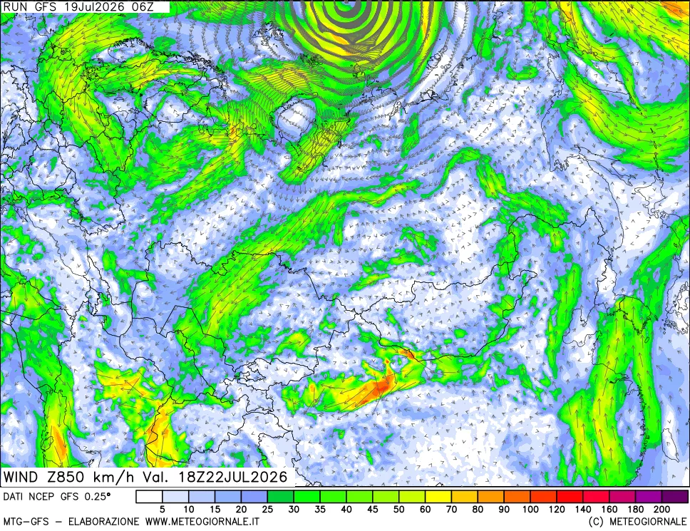 mappa 850 hPa Vento forza e direzione