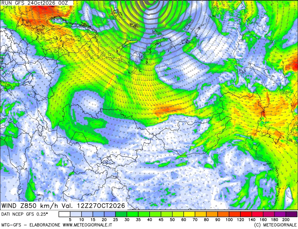 mappa 850 hPa Vento forza e direzione