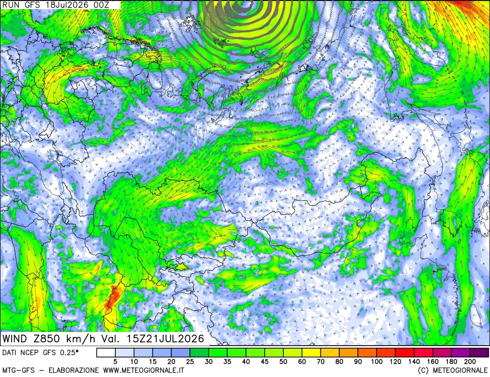 mappa 850 hPa Vento forza e direzione
