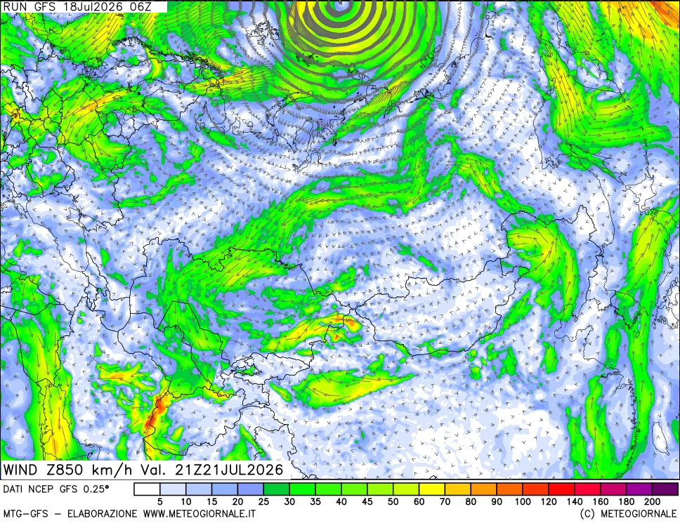 mappa 850 hPa Vento forza e direzione