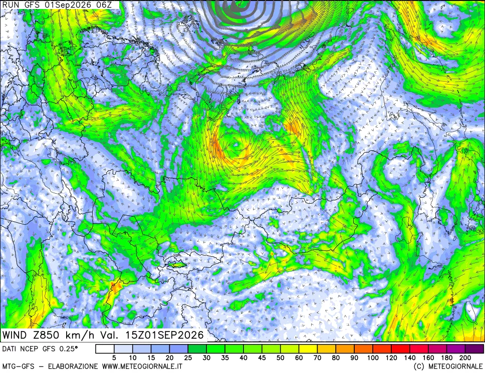 mappa 850 hPa Vento forza e direzione