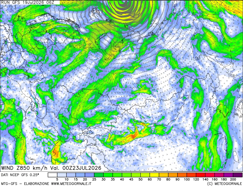 mappa 850 hPa Vento forza e direzione