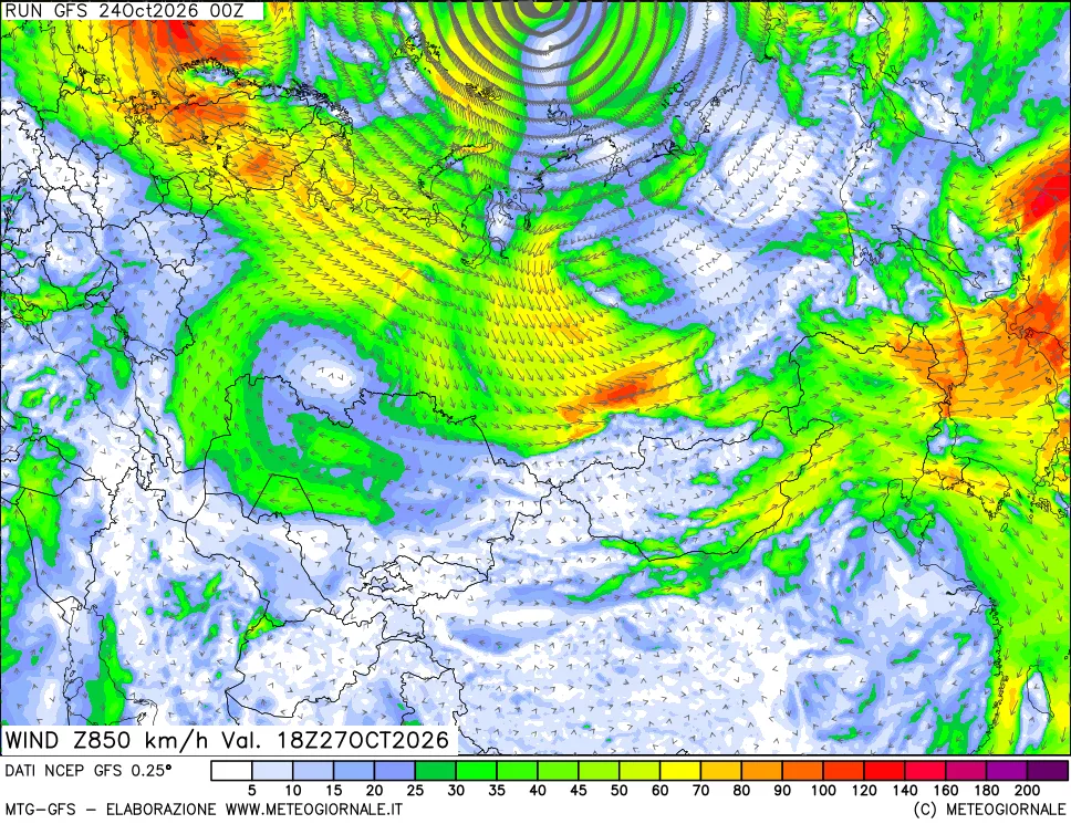 mappa 850 hPa Vento forza e direzione