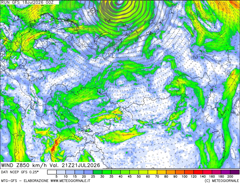 mappa 850 hPa Vento forza e direzione