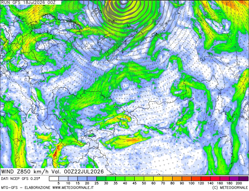 mappa 850 hPa Vento forza e direzione